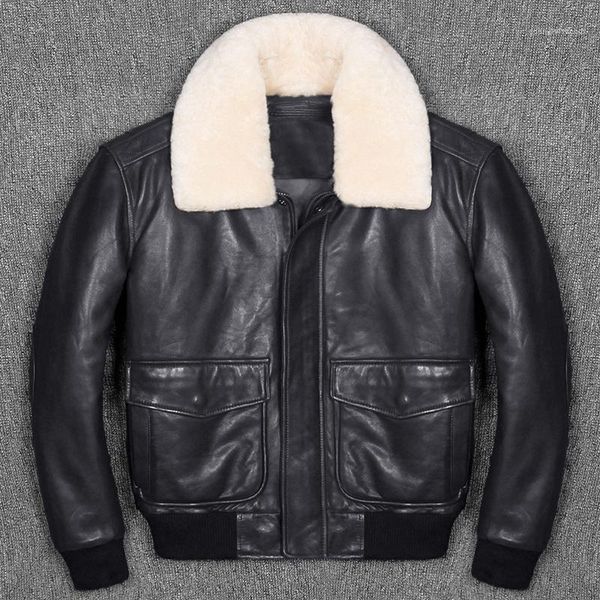 

men's leather & faux brown 2021 men usaf genuine a2 pilot jacket wool collar europe size sheepskin military flight natural coat, Black