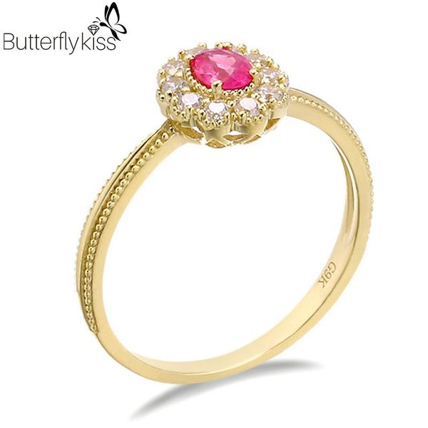 

cluster rings bk genuine gold 585 red ruby gemstone for women 9k yellow vintage luxury jewelry trend customized, Golden;silver