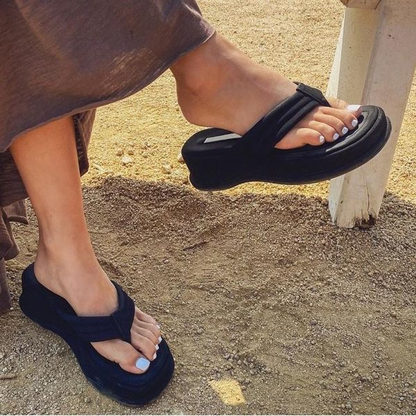 

summer trend flip flops women thick sole platform wedges heel solid outdoor beach slippers casual elegant ladies shoes female, Black