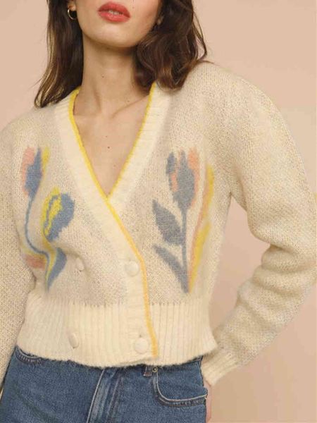 

women's sweaters autumn tulip print women v-neck knitted cardigan ladies double-breasted fashion sweater outwear female knitwear 9x5y, White;black