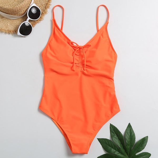 

one-piece suits orange one piece swimsuit women swimwear string bandage bathing ruched beachwear high waisted swim wear s~xl