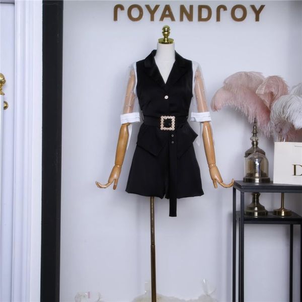 

five-point sleeve lapel black and white color matching satin + high waist shorts two-piece suit female 0506 two piece dress