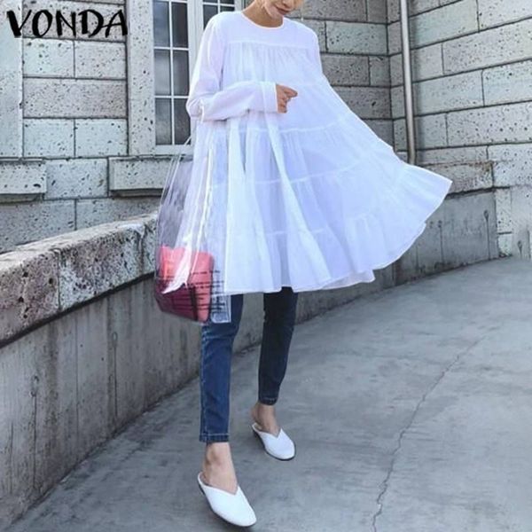 

vonda white dress women vintage long sleeve bohemian mini dress 2021 summer beach sundress casual loose vestidos plus size, Black;gray