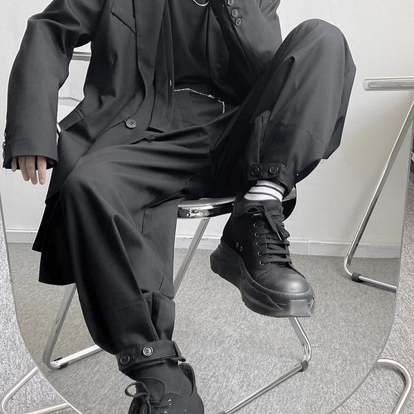 

men's pants 2021 korean style niche black casual suit trousers japanese streetwear fashion wide leg hem button loose cargo pant