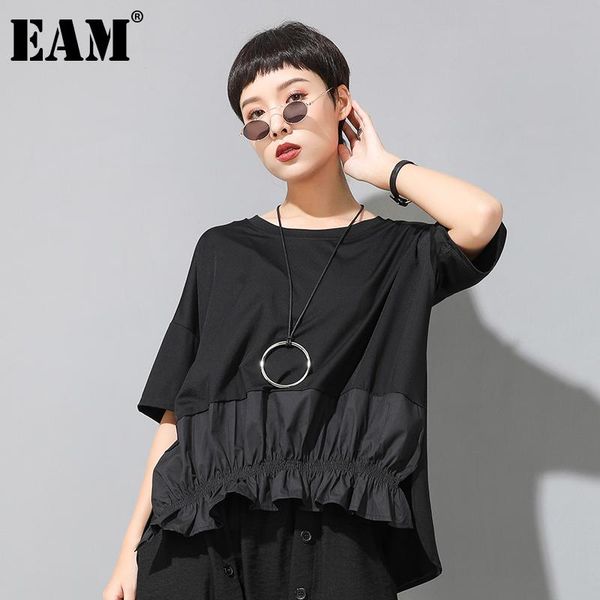 

[eam] women black ruffles split irregular big size t-shirt round neck half sleeve fashion tide spring summer 2021 1u806 women's, White