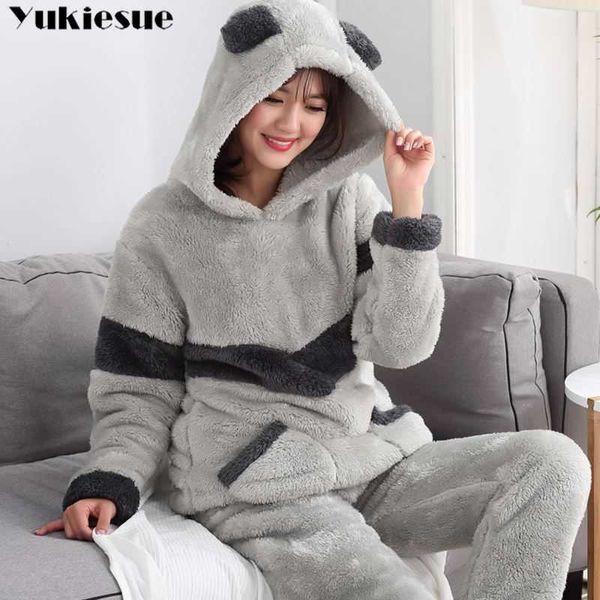 Outono inverno mulheres pijamas conjuntos pijamas sleepwear terno espesso quente coral flannel nightgown fêmea dos desenhos animados pijama mujer 210608