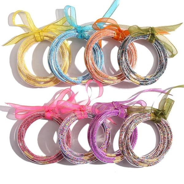 5 PCS/Set Bowknot Glitter Bangles Party Girls All Weather Stack Silicone Plastica Glitters Jelly Bracciale