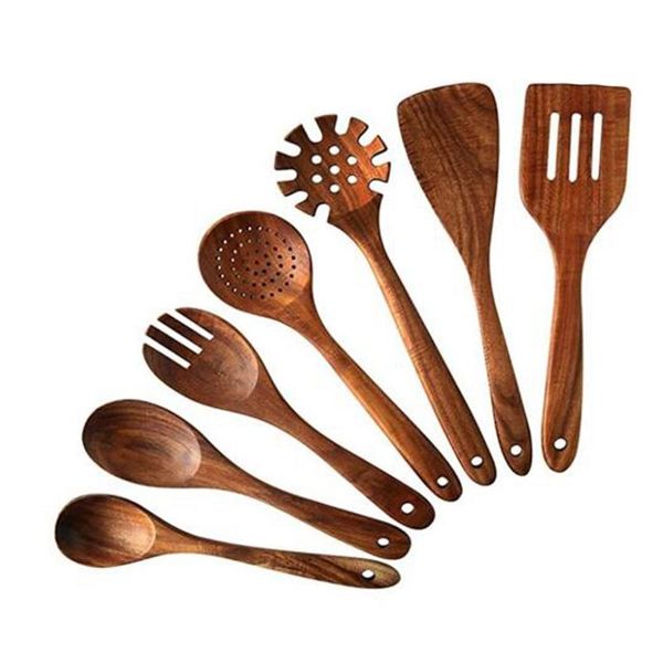 

spoons wooden kitchen cooking utensils, 7 pcs and spatula for cookware decor