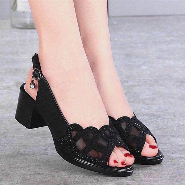 

sandals fashionable women's black word buckle thick heel with hollow soft bottom mom shoes summer mesh ab