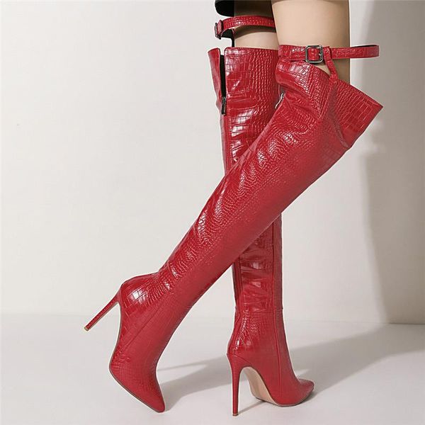 

boots ladies winter pointed toe super high heel 12 cm thigh over the knee with belt buckle red brown size 43, Black