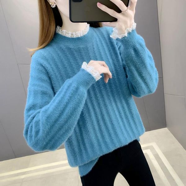 

women's sweaters 7 under 2, 21561 (4) will copy the sable hair lace pure color round collar turtleneck sweater [1075] 51, White;black