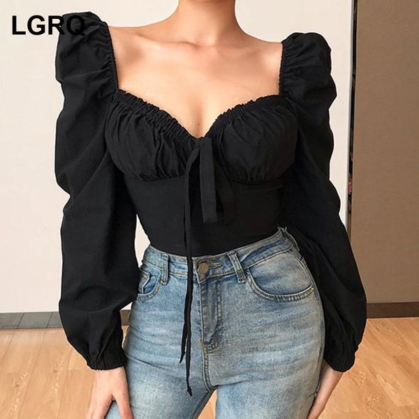 

[lgrq] women white bandage backless t-shirt square neck lantern long sleeve fashion tide spring summer 2021 19d285 women's