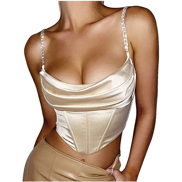 Vintage Donne Sexy Camisoles Rucchirati Push Up Satin Diamond Spaghetti Cinturini Bustier Backless Boned Corset Crop Tanks Tops