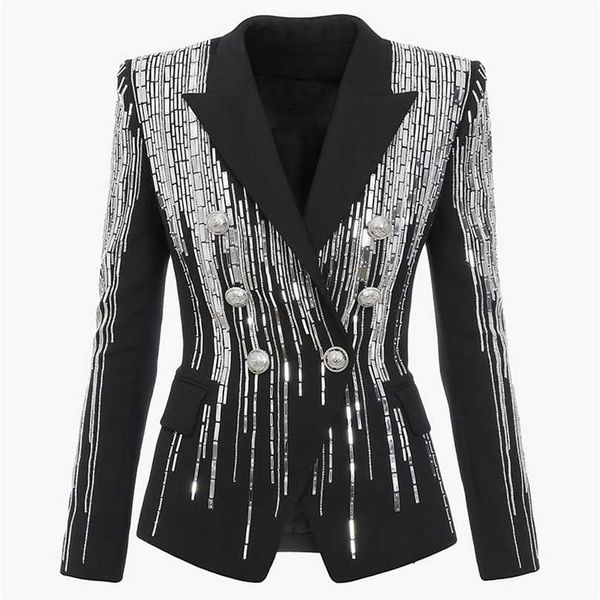 High Street EST Fashion Designer Jacke Damen Zweireiher luxuriöse atemberaubende silberne Metallknöpfe Perlen Blazer 211006