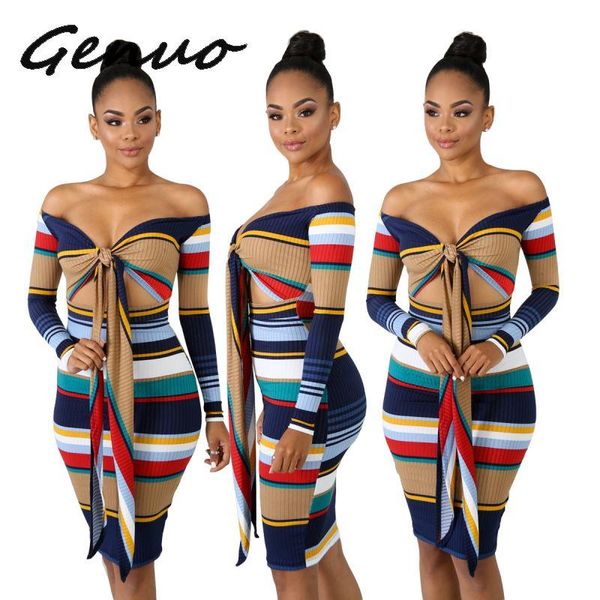 

casual dresses genuo striped knitted sweater dress for women off shoulder long sleeve bandage vestidos autumn winter backless midi, Black;gray