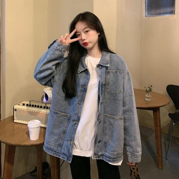 

women's jackets korean fashion jean jacket women clothes oversized pockets for single breasted solid casual coat, Black;brown