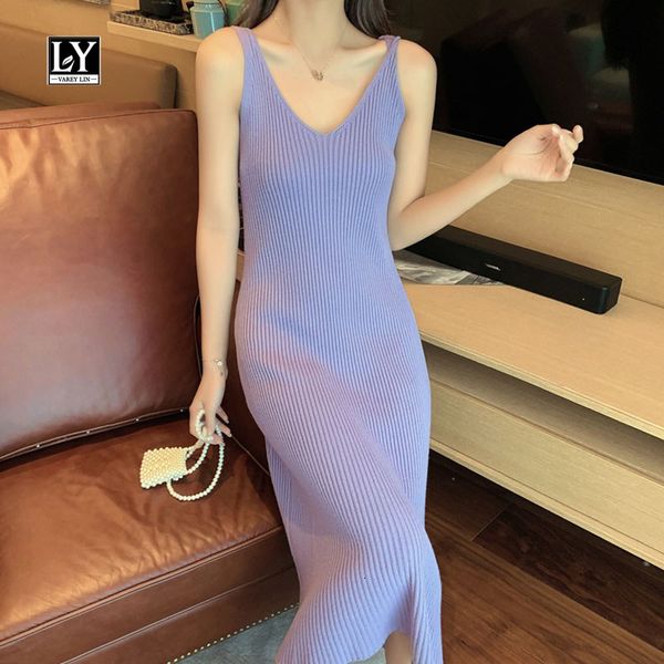 

dresses new autumn solid v neck knitting a line sleeveless spaghetti strap high waist lady dress, Black;gray