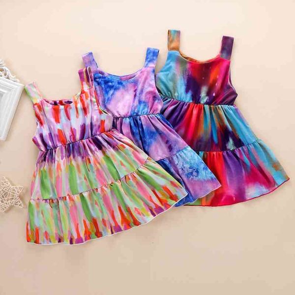 

0-4y summer lovely baby girls girl dresses tie-dye printed ruffles sleeveless knee length a-line, Red;yellow