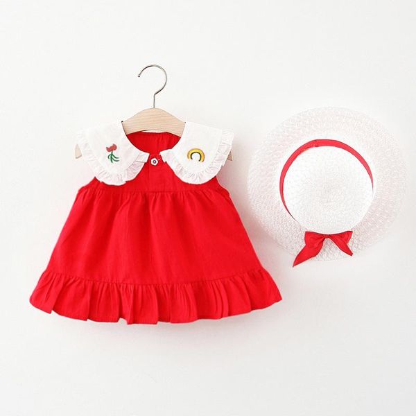 

kids girls dress lapel rainbow flower embroidery girl's dresses, Red;yellow