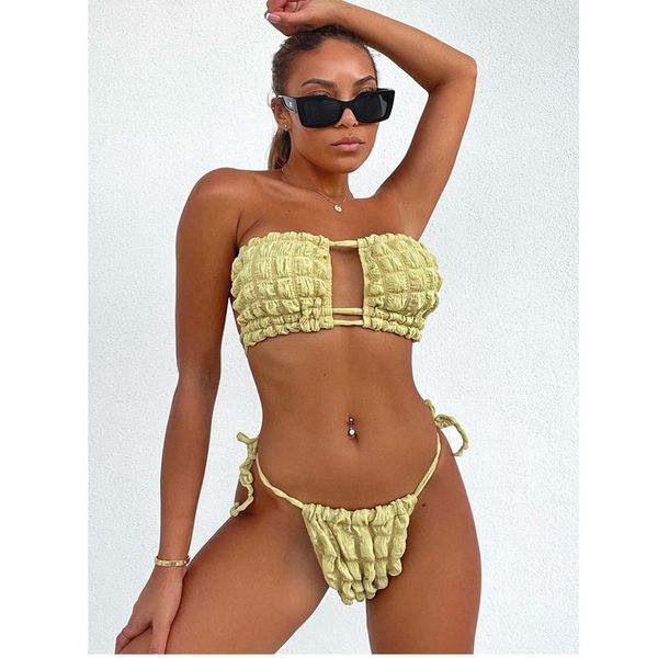 

women's swimwear solid bikini female two piece swimsuit bandeau set folds lace-up bikinis beach outing hollow out beachwear thong, White;black