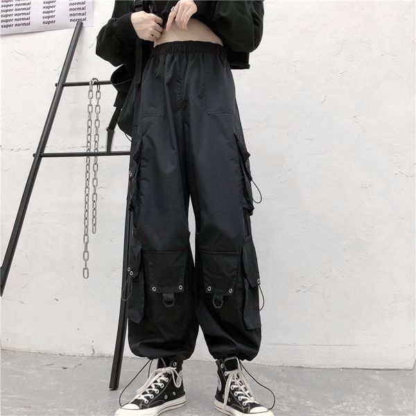 

summer black cargo pants women side big pockets wide leg pants hip hop loose thin elastic waist track pants women harajuku, Black;white