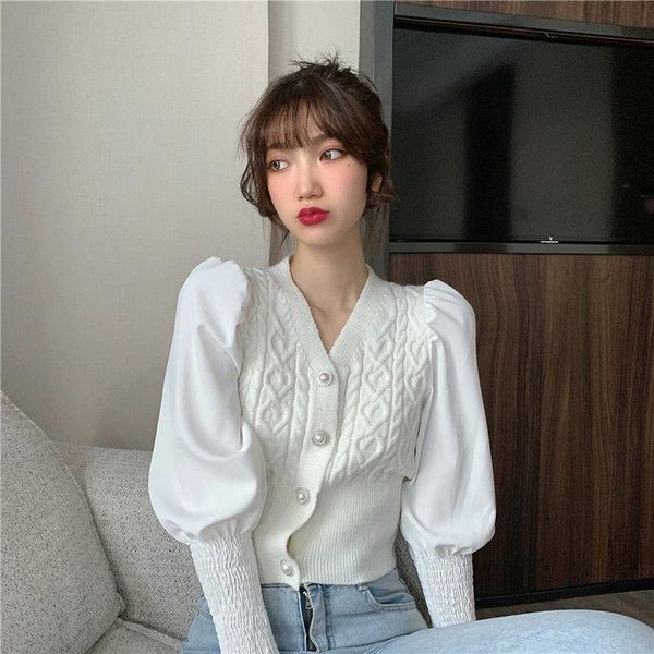 

women's knits & tees korobov puff sleeve v neck women sweaters 2021 autumn winter knitted cropped cardigans korean hit color patchwork, White