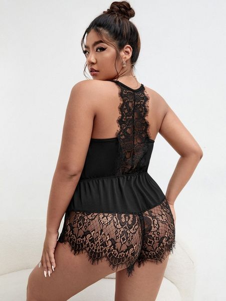 

plus contrast eyelash lace plunging neck sleep romper c9jk#, Black;white