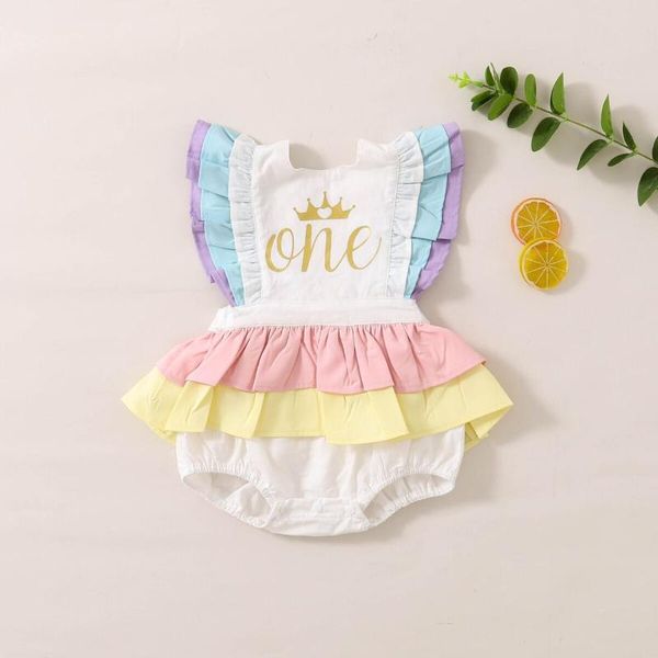 

rompers 0-24months baby girl cotton romper ruffled lace sleeveless rainbow golden letter crown print jumpsuit fluffy skirt, Blue