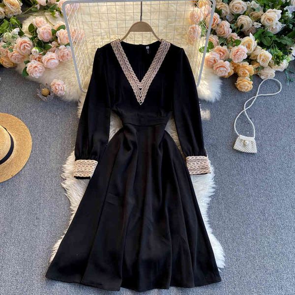 

spring arrivals black solid color long sleeve v-neck high waist a-line slim office lady style dress mz482 210525, Black;gray