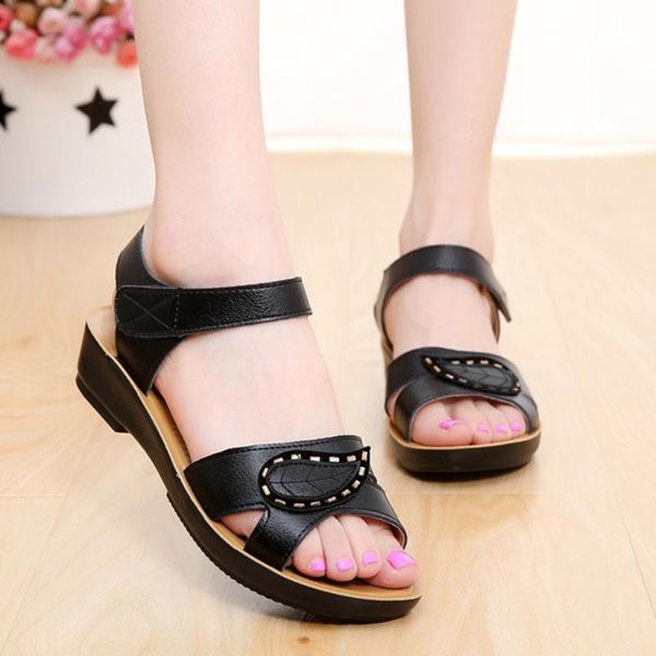 

women summer leather sandals wedges shoes woman solid comfort big size casual for ladies beach zapatos de mujer, Black