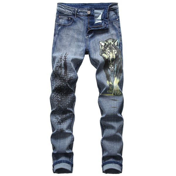 Jeans skinny da uomo con stampa digitale Pantaloni da uomo con stampa di lupi lavati chiari Pantaloni da uomo in denim blu 2021