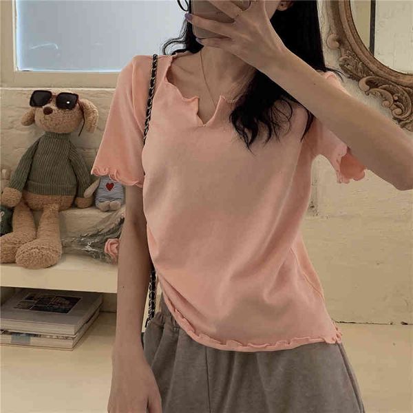 

3 colors summer korean style soild color v neck lace up knitted t shirts womens tee shirt femme (l9019) 210423, White
