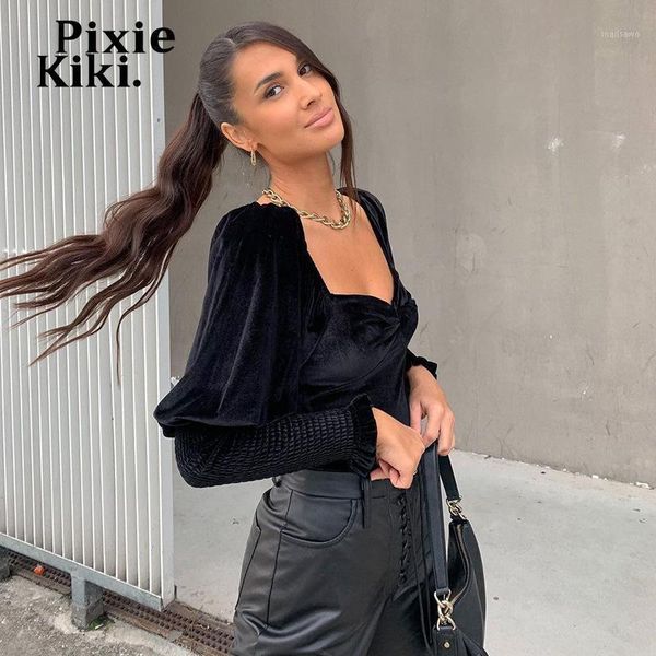 

pixiekiki square neck lantern sleeve shirts for women vintage black velvet corset with sleeves ladies blouses p95-cd35 women's &, White