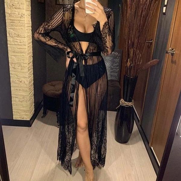 

women's sleepwear women\\u2021s long sleeve cardigan fashion solid color lace perspective bandage nightgown robes, Black;red