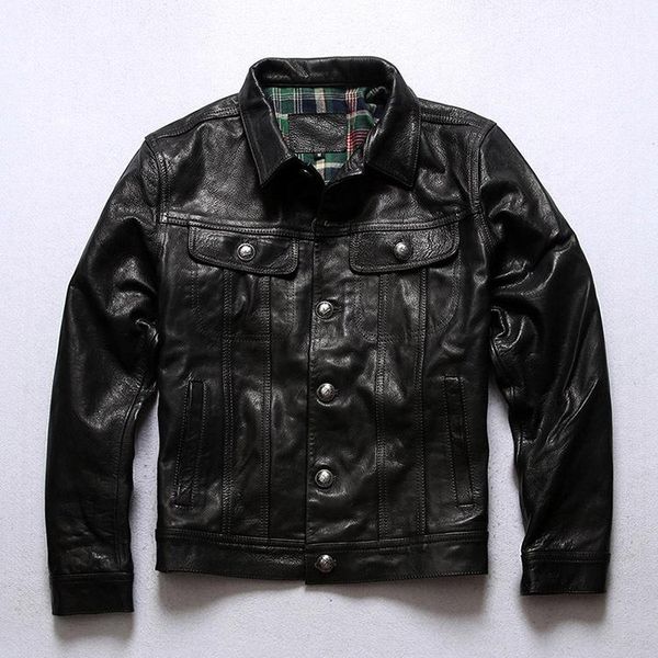 

men's leather & faux quality .men yr1mm tanned goatskin jacket.black vintage casual 507 coat.slim rider clothes