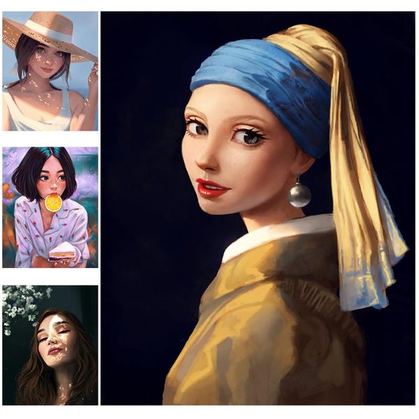 

paintings fsbcgt cartoon girl pearl earring oil painting by numbers adults drawing on canvas diy pictures home wall art decor