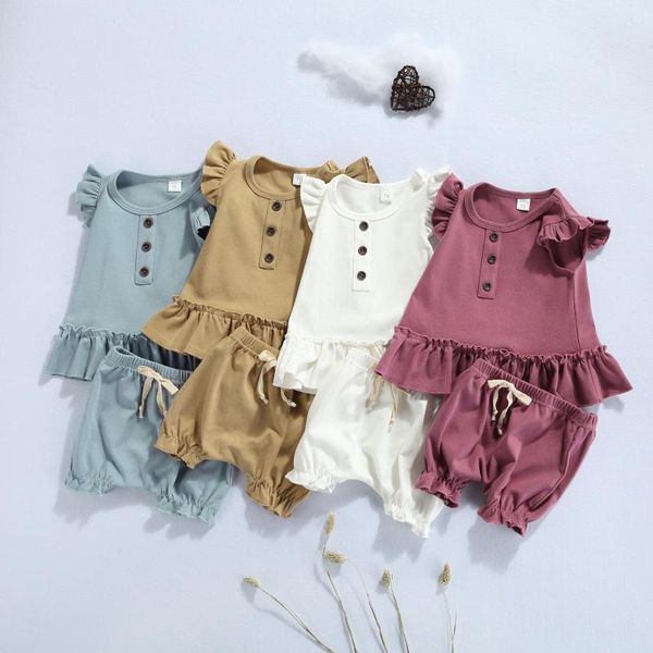 

clothing sets baby girls clothes flying sleeve t-shirt + shorts, ruffle decoration elastic waist solid color summer, White