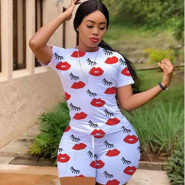

plus size sport lips print womens tracksuits two piece set tracksuit o neck t shirt fashion biker shorts jogger suit, Gray