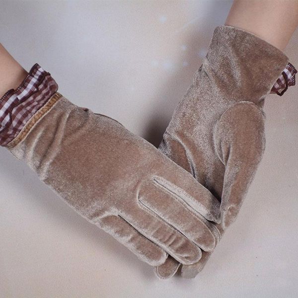 

five fingers gloves gold velvet full finger solid color autumn winter warm mittens for women thicken fashion elegant cycling, Blue;gray