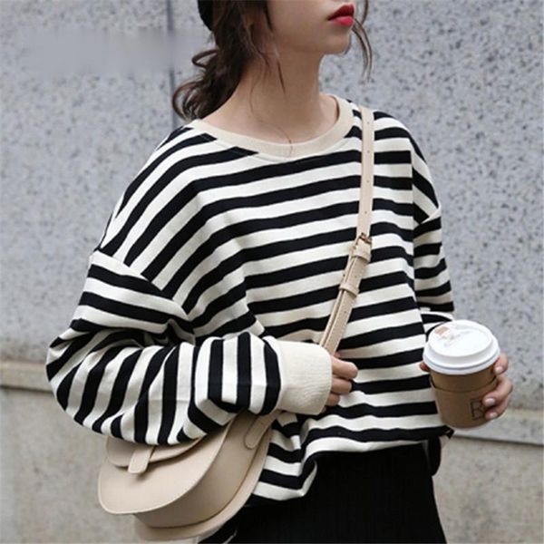 

women's t-shirt 2021 spring striped sweatshirt women kipop oversize korean style streetwear loose elegant ladies chic, White