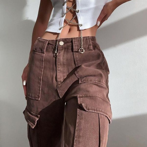 

women's pants & capris 2021 oversize brown jeans women casual high waisted cargo with pockets vintage cotton trousers streetwear, Black;white