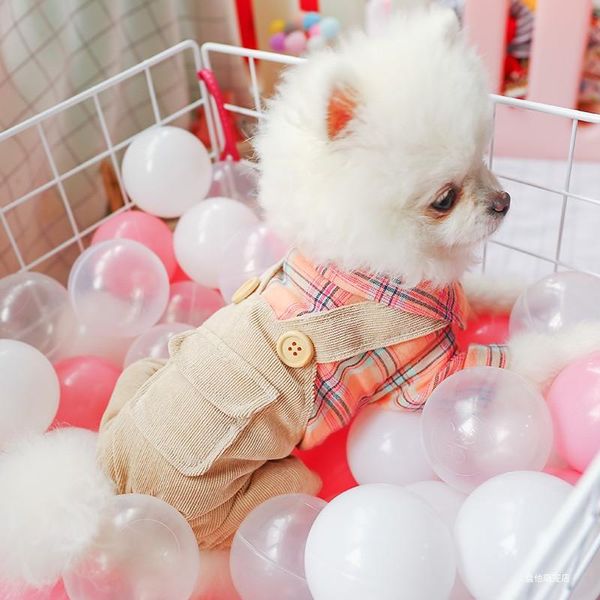 

dog apparel spring summer clothes four-legged pink lattice suspenders pet teddyclothes casual button suit xs s m l xl