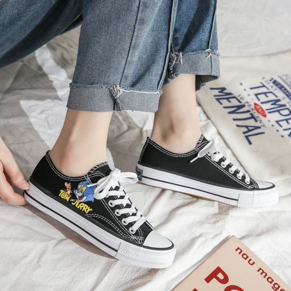 

dress shoes women flat cartoon canvas summer lace up student board ladies casual female sneakers bqlw, Black
