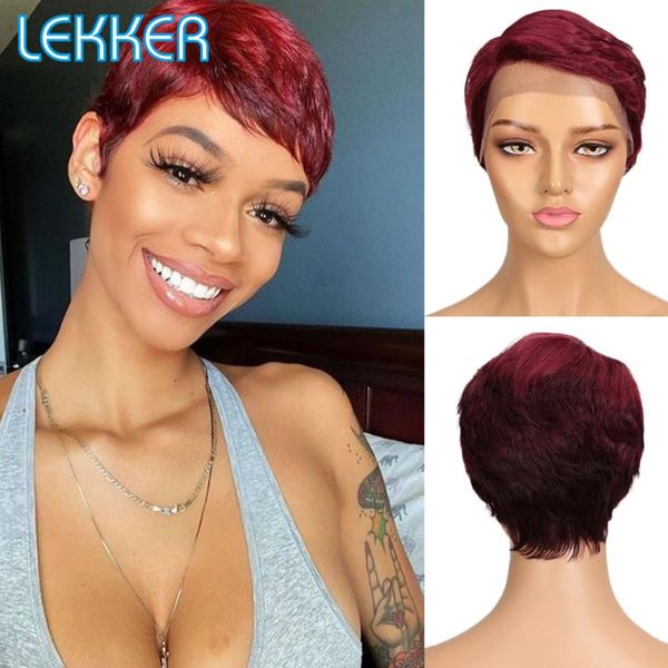 

lace wigs lekker short pixie cut front part human hair ombre colored bob for black women brazilian remy natural 613 red wig, Black;brown