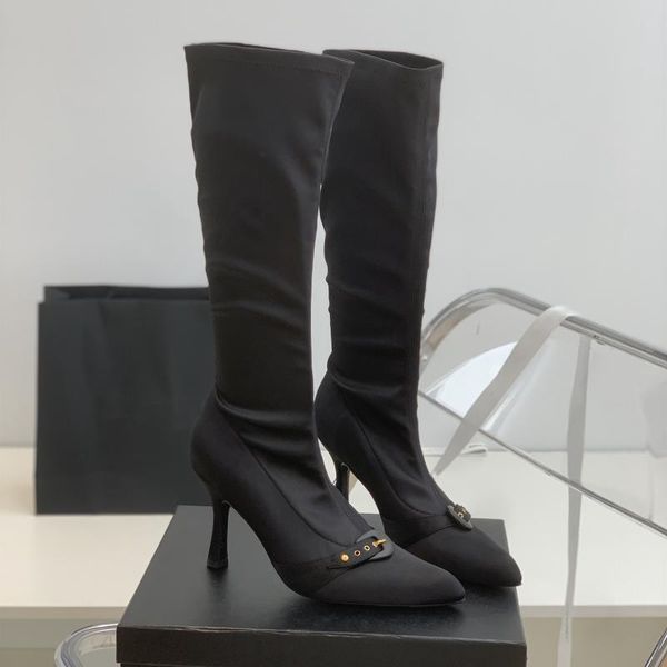 

boots women shoes slip on pointed toe high heels british style stretch fabric belt buckle mid calf zapatos de mujer, Black