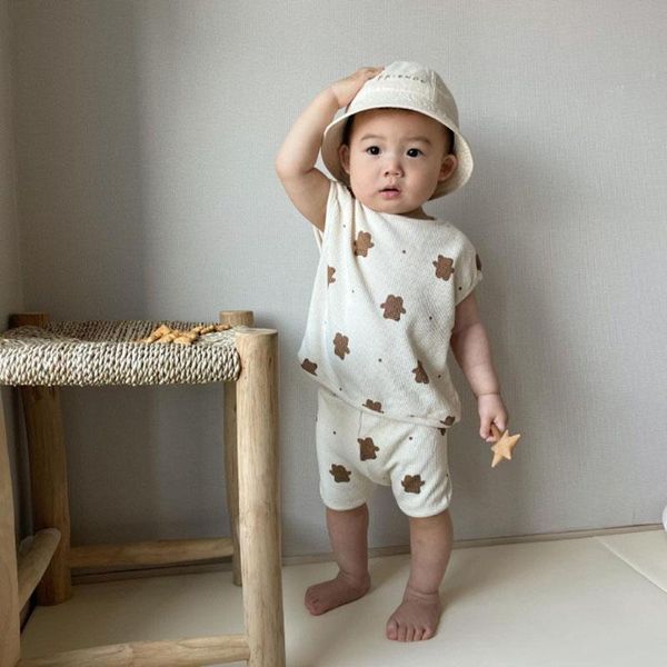 

clothing sets 2021 summer kids suit cute bear set vest and shorts 2pcs casual clothes for boys girls, White
