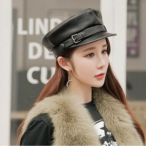 

berets svadilfari wholesale 2021 flat cap 100% genuine leather military hats for women winter warm cowhide hat, Blue;gray