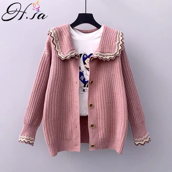 H.SA Женщины Peter Pan Woll Cute Follow Cording Cardigans Свитер Кнопка Пальто с Розовым вязаным Куртка Poncho Femme 210417