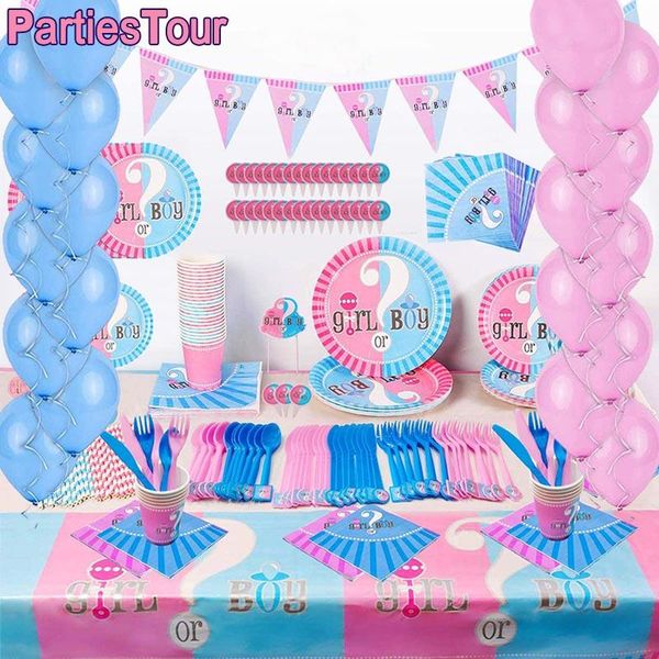 

disposable dinnerware gender reveal party supplies baby boy or girl tableware decor with banner cups plates straws napkins