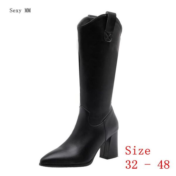 

boots spring autumn women mid calf woman high heel long botas small plus size 32 - 48, Black